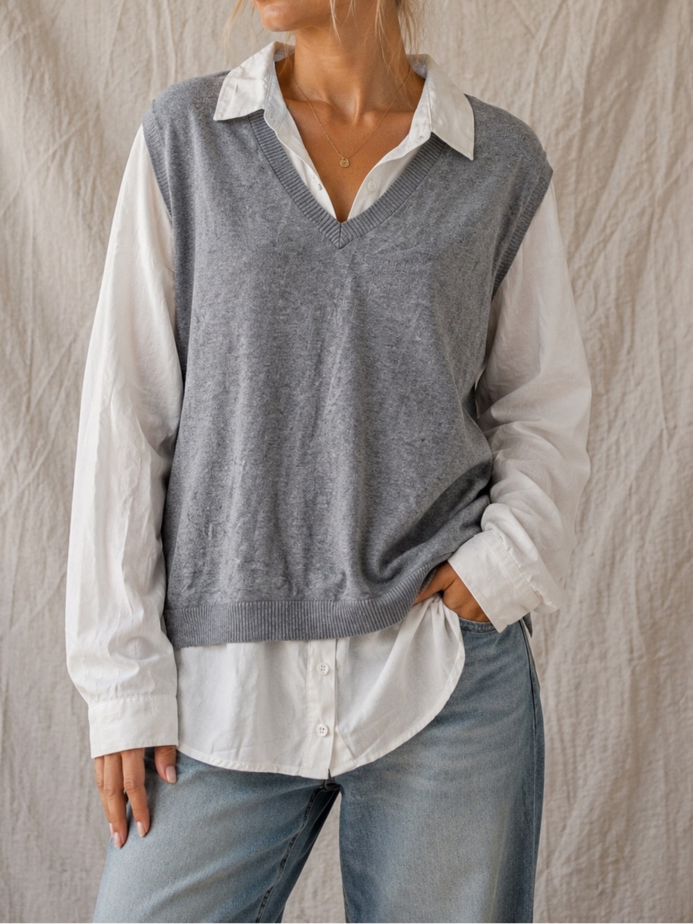 Vintage Adrianna Papell Layered Sweater Blouse Gray White Large